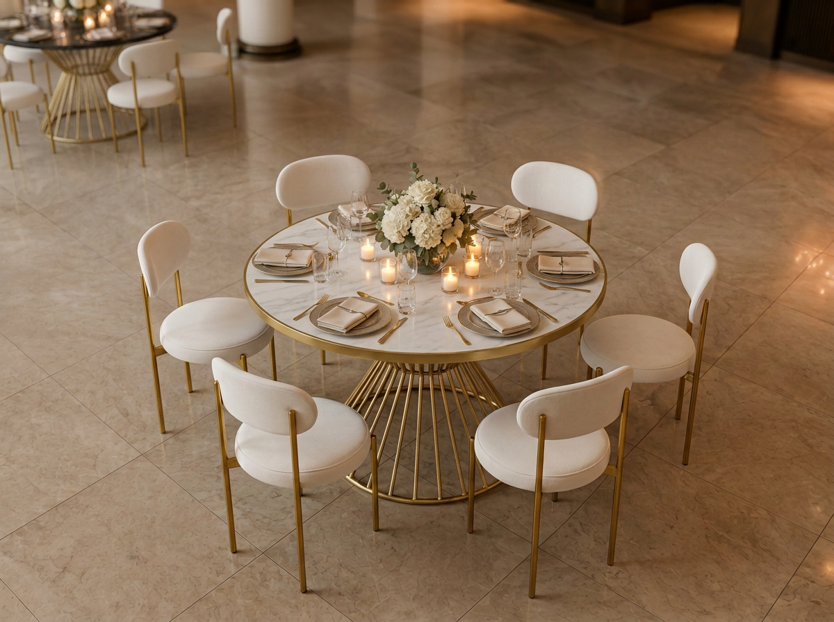 Montaje con Mesa Redonda mármol — mármol blanco / herrería dorada · Silla Galesa dorada