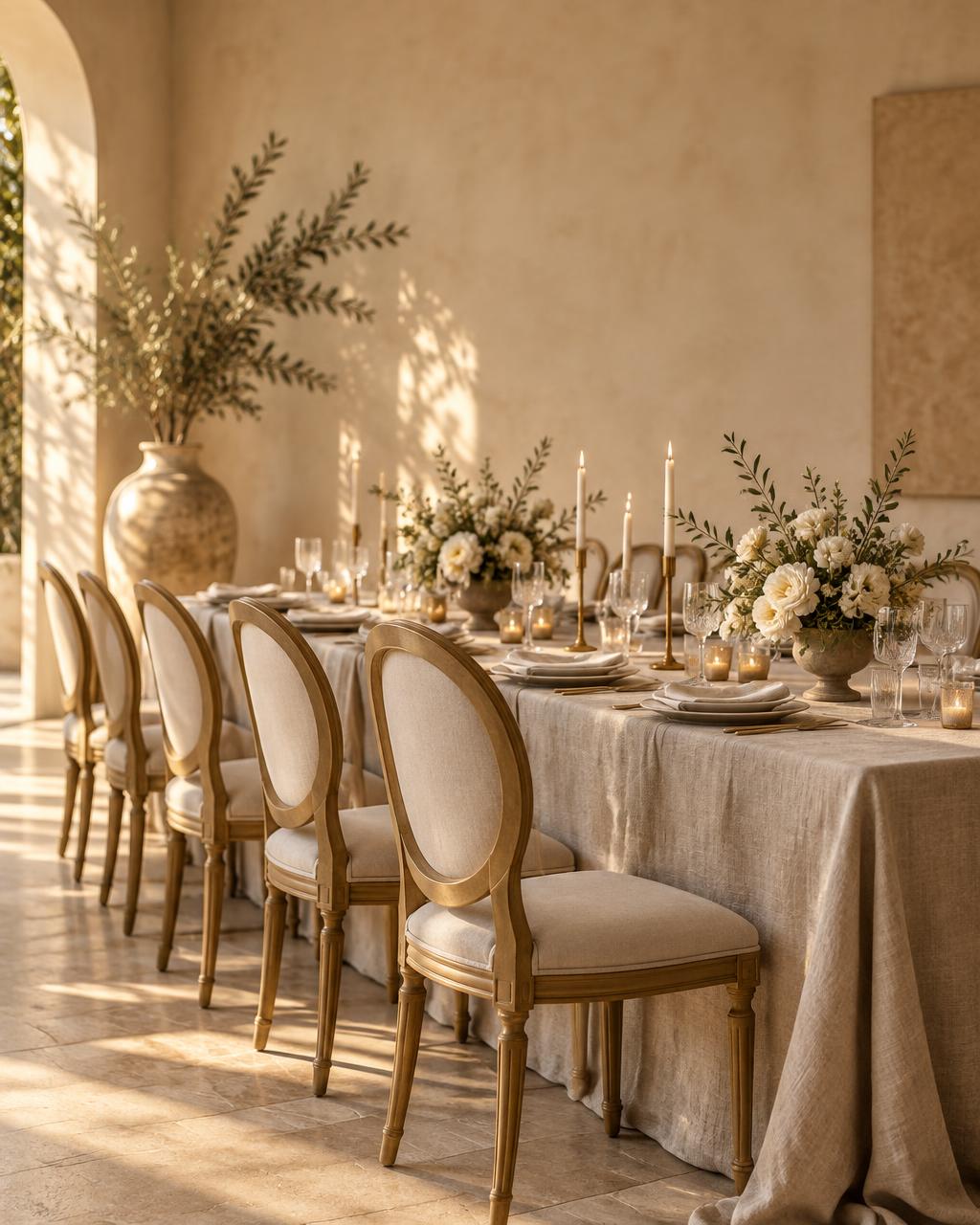 Mesa de evento con sillas doradas junto a un muro beige